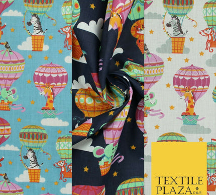 Fun Jungle Animals Hot Air Balloon Clouds Printed Polycotton Dress Craft Fabric