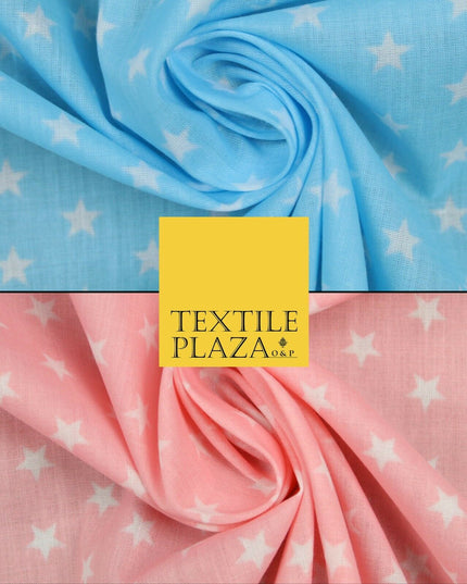 Blue Pink Falling White Mini Stars Printed Poly Cotton Dress Fabric Polycotton