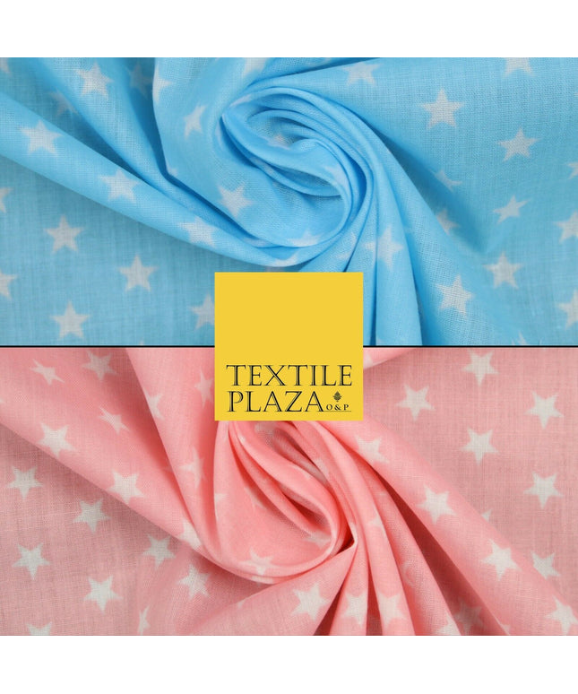 Blue Pink Falling White Mini Stars Printed Poly Cotton Dress Fabric Polycotton