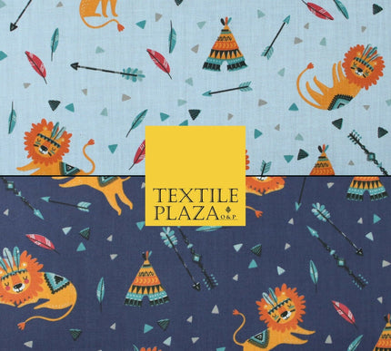 Sleeping Lion Red Indian Teepee Confetti Printed Polycotton Dress Craft Fabric