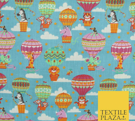 Fun Jungle Animals Hot Air Balloon Clouds Printed Polycotton Dress Craft Fabric