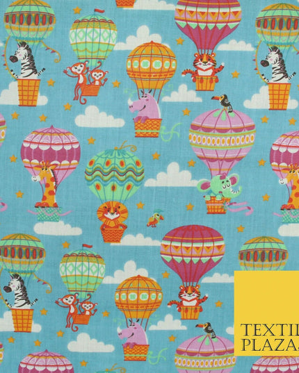 Fun Jungle Animals Hot Air Balloon Clouds Printed Polycotton Dress Craft Fabric