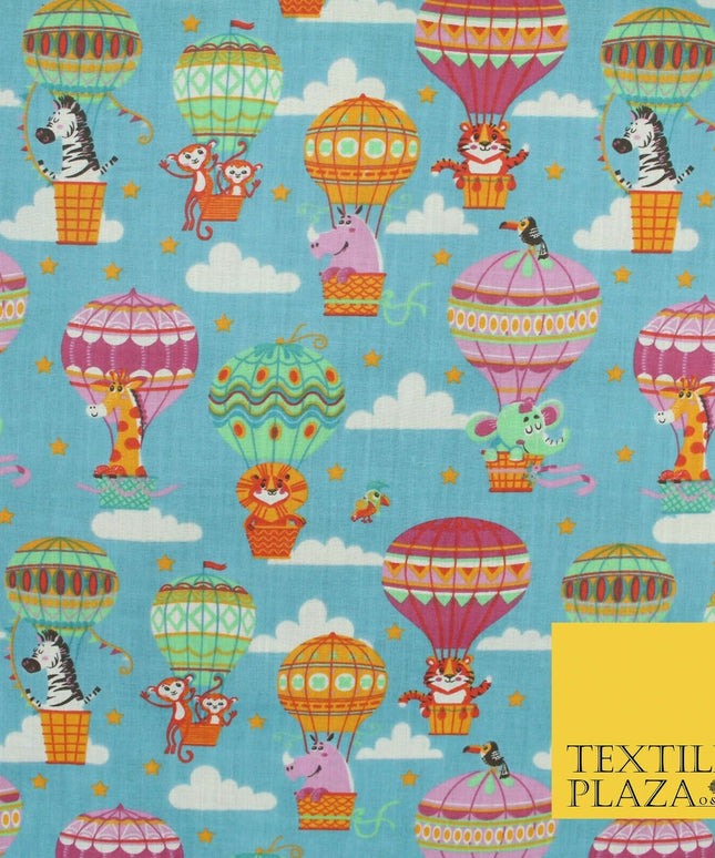 Fun Jungle Animals Hot Air Balloon Clouds Printed Polycotton Dress Craft Fabric