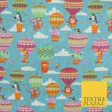 Fun Jungle Animals Hot Air Balloon Clouds Printed Polycotton Dress Craft Fabric