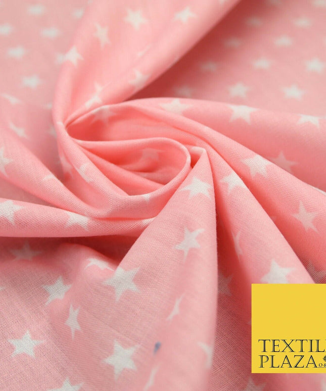 Blue Pink Falling White Mini Stars Printed Poly Cotton Dress Fabric Polycotton