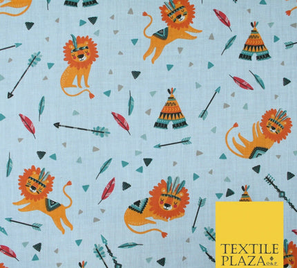 Sleeping Lion Red Indian Teepee Confetti Printed Polycotton Dress Craft Fabric
