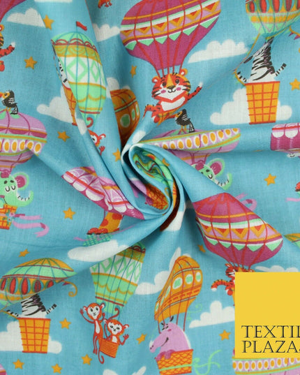 Fun Jungle Animals Hot Air Balloon Clouds Printed Polycotton Dress Craft Fabric