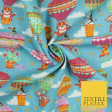 Fun Jungle Animals Hot Air Balloon Clouds Printed Polycotton Dress Craft Fabric