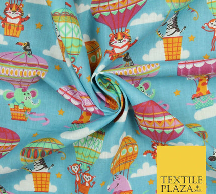 Fun Jungle Animals Hot Air Balloon Clouds Printed Polycotton Dress Craft Fabric