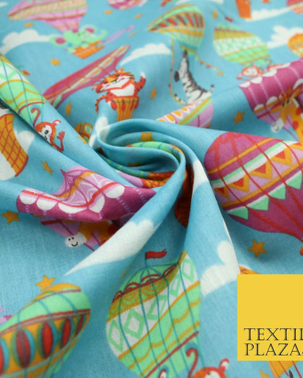 Fun Jungle Animals Hot Air Balloon Clouds Printed Polycotton Dress Craft Fabric