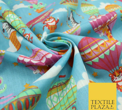 Fun Jungle Animals Hot Air Balloon Clouds Printed Polycotton Dress Craft Fabric