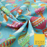 Fun Jungle Animals Hot Air Balloon Clouds Printed Polycotton Dress Craft Fabric