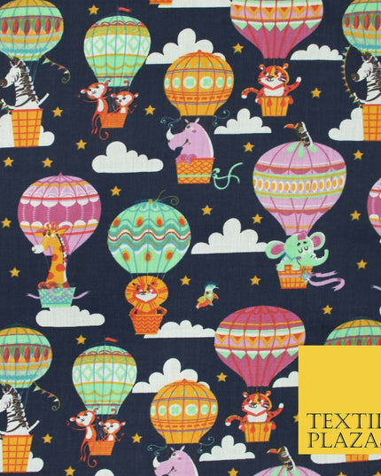 Fun Jungle Animals Hot Air Balloon Clouds Printed Polycotton Dress Craft Fabric