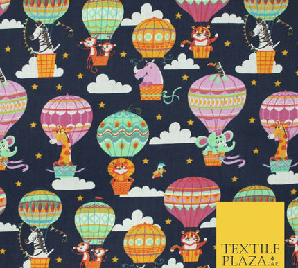Fun Jungle Animals Hot Air Balloon Clouds Printed Polycotton Dress Craft Fabric