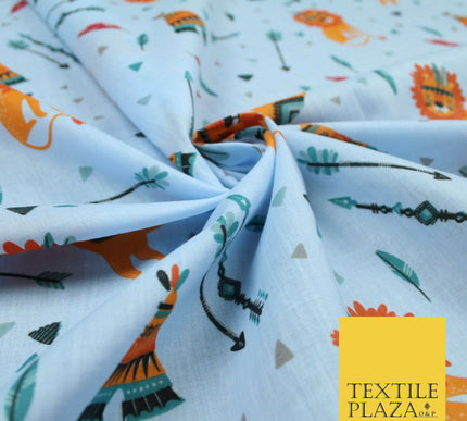 Sleeping Lion Red Indian Teepee Confetti Printed Polycotton Dress Craft Fabric