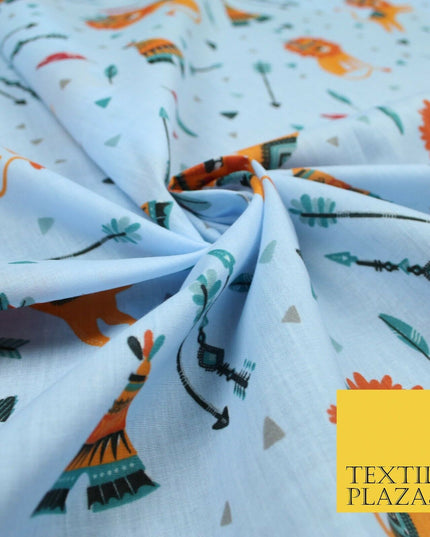 Sleeping Lion Red Indian Teepee Confetti Printed Polycotton Dress Craft Fabric