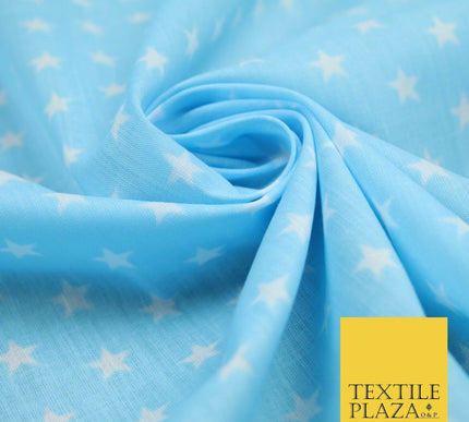 Blue Pink Falling White Mini Stars Printed Poly Cotton Dress Fabric Polycotton