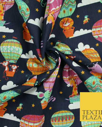 Fun Jungle Animals Hot Air Balloon Clouds Printed Polycotton Dress Craft Fabric