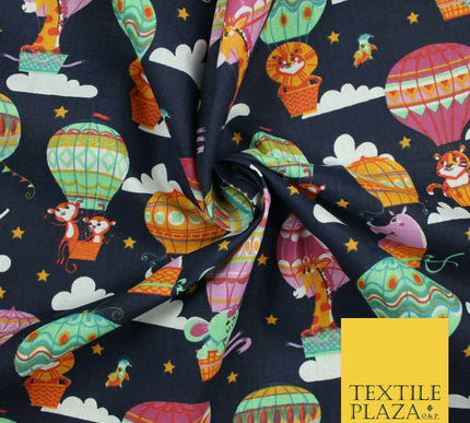Fun Jungle Animals Hot Air Balloon Clouds Printed Polycotton Dress Craft Fabric