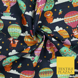 Fun Jungle Animals Hot Air Balloon Clouds Printed Polycotton Dress Craft Fabric