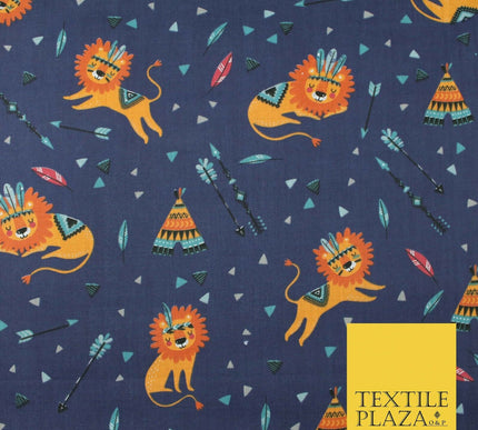 Sleeping Lion Red Indian Teepee Confetti Printed Polycotton Dress Craft Fabric