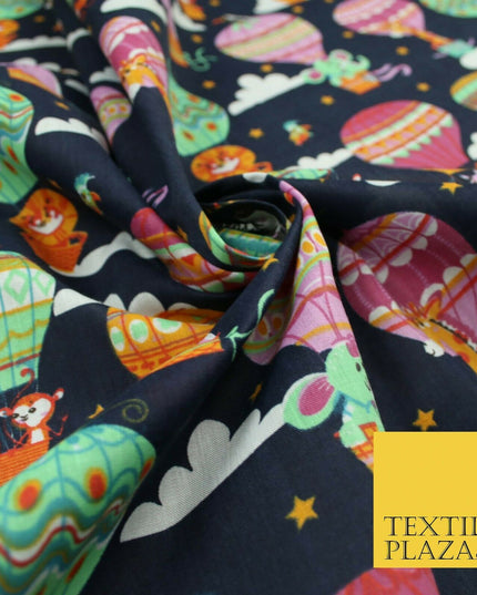 Fun Jungle Animals Hot Air Balloon Clouds Printed Polycotton Dress Craft Fabric