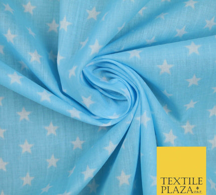 Blue Pink Falling White Mini Stars Printed Poly Cotton Dress Fabric Polycotton
