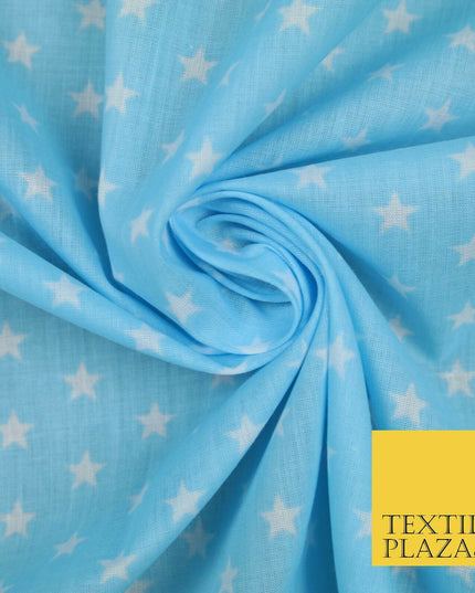 Blue Pink Falling White Mini Stars Printed Poly Cotton Dress Fabric Polycotton