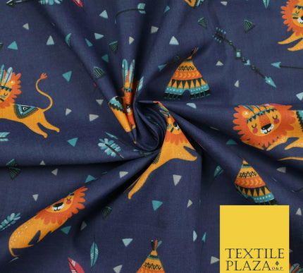 Sleeping Lion Red Indian Teepee Confetti Printed Polycotton Dress Craft Fabric