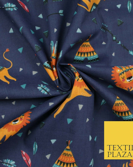 Sleeping Lion Red Indian Teepee Confetti Printed Polycotton Dress Craft Fabric