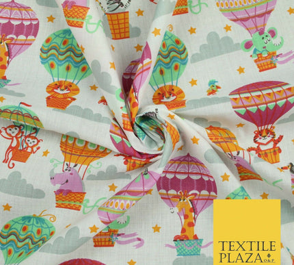 Fun Jungle Animals Hot Air Balloon Clouds Printed Polycotton Dress Craft Fabric