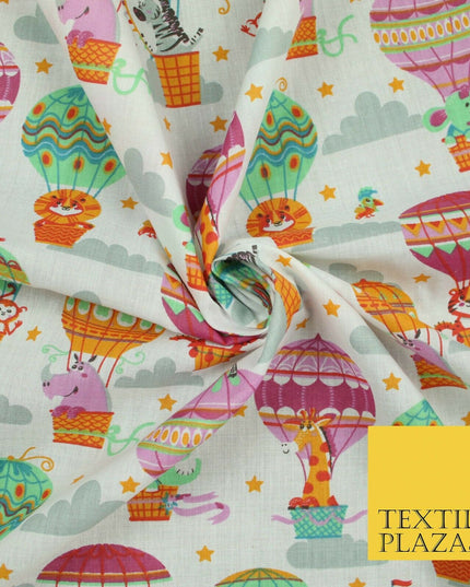 Fun Jungle Animals Hot Air Balloon Clouds Printed Polycotton Dress Craft Fabric