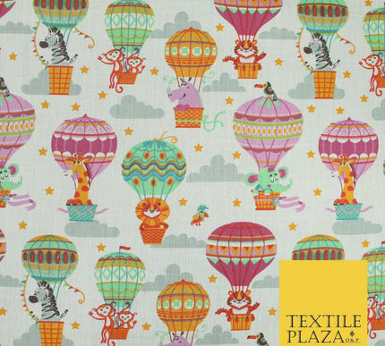 Fun Jungle Animals Hot Air Balloon Clouds Printed Polycotton Dress Craft Fabric