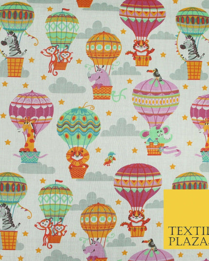 Fun Jungle Animals Hot Air Balloon Clouds Printed Polycotton Dress Craft Fabric