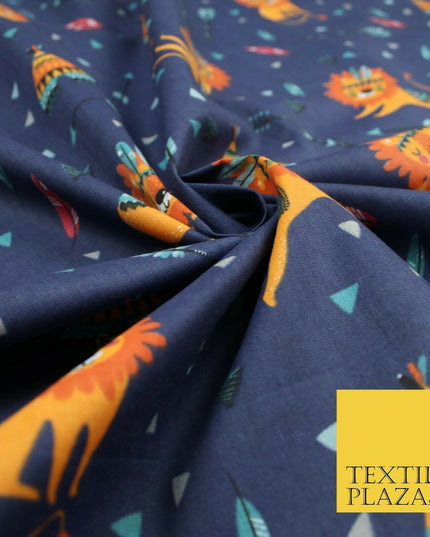 Sleeping Lion Red Indian Teepee Confetti Printed Polycotton Dress Craft Fabric