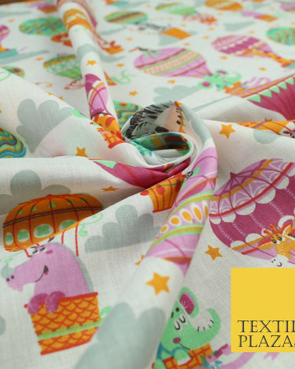 Fun Jungle Animals Hot Air Balloon Clouds Printed Polycotton Dress Craft Fabric