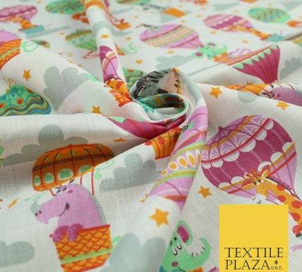 Fun Jungle Animals Hot Air Balloon Clouds Printed Polycotton Dress Craft Fabric