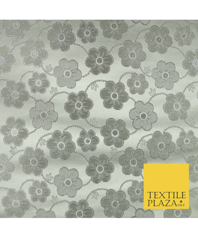 Silver Floral Pansy Vine Satin Metallic Brocade Dress Fabric Fancy 45" 6006