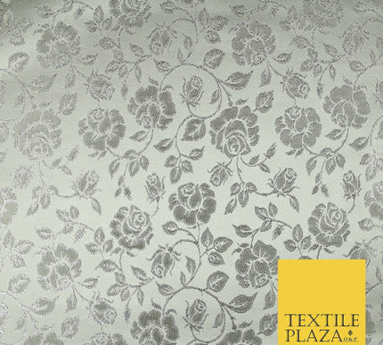 Silver Floral Carnation Vine Satin Metallic Brocade Dress Fabric Fancy 45" 6004