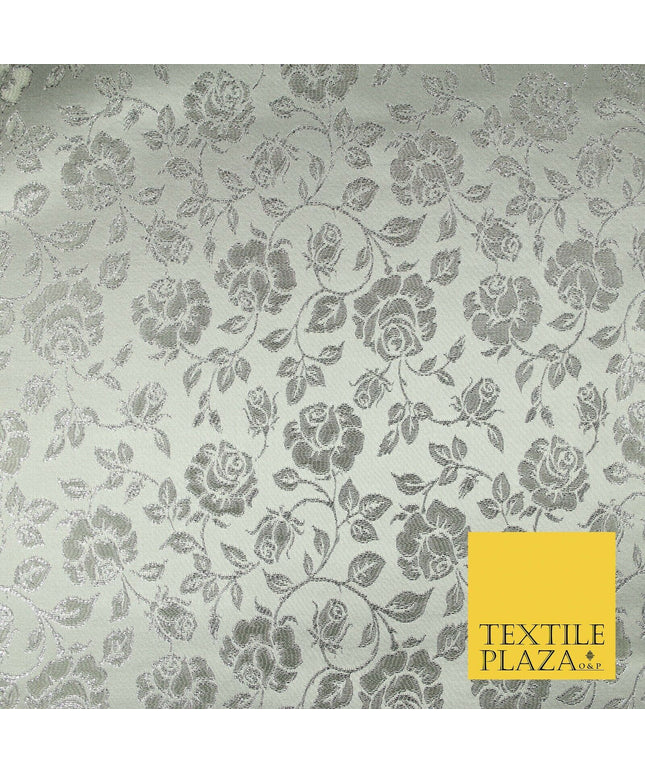 Silver Floral Carnation Vine Satin Metallic Brocade Dress Fabric Fancy 45" 6004