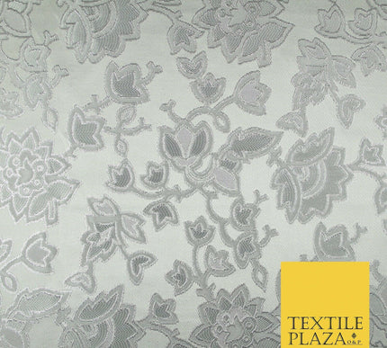 Silver Ornate Floral Outline Satin Metallic Brocade Dress Fabric Fancy 58" 6002