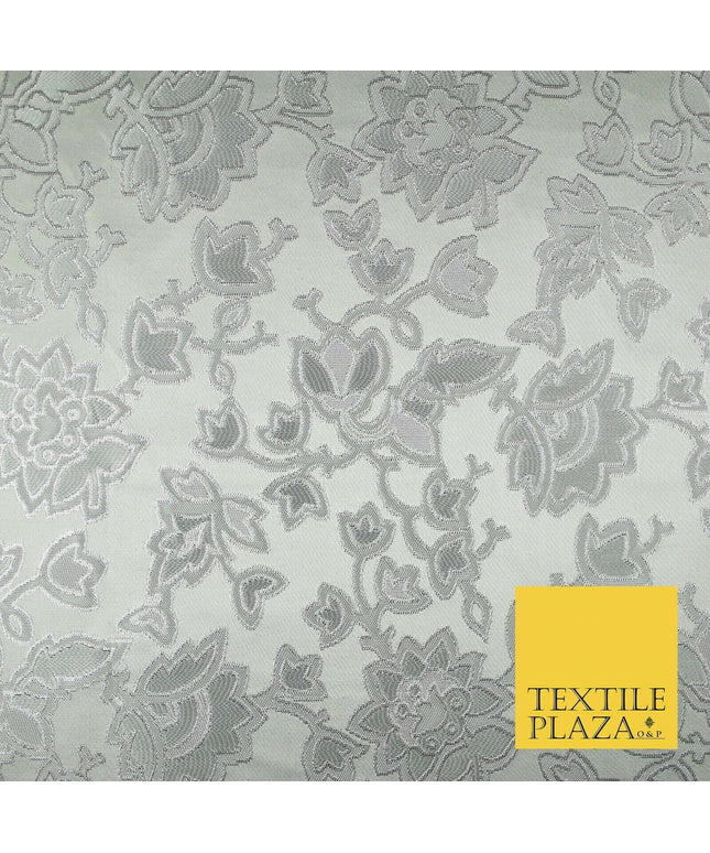 Silver Ornate Floral Outline Satin Metallic Brocade Dress Fabric Fancy 58" 6002