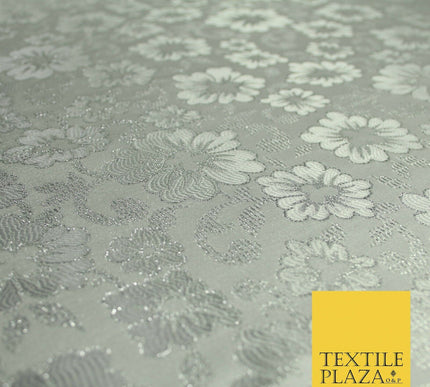 Silver Ornate Floral Scroll Satin Metallic Brocade Dress Fabric Fancy 58" 6003