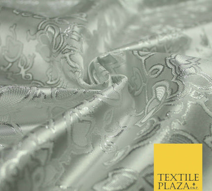 Silver Ornate Floral Outline Satin Metallic Brocade Dress Fabric Fancy 58" 6002