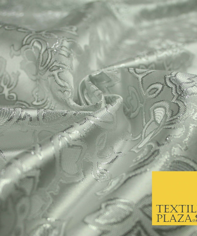Silver Ornate Floral Outline Satin Metallic Brocade Dress Fabric Fancy 58" 6002