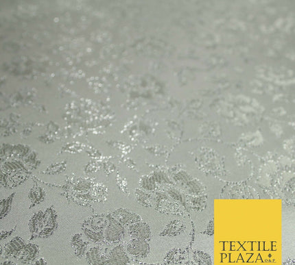 Silver Floral Carnation Vine Satin Metallic Brocade Dress Fabric Fancy 45" 6004