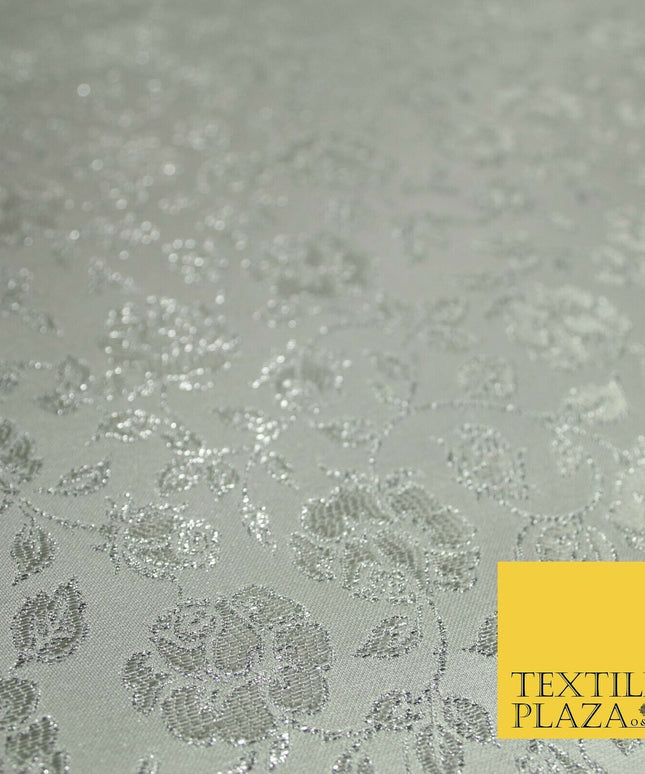 Silver Floral Carnation Vine Satin Metallic Brocade Dress Fabric Fancy 45" 6004