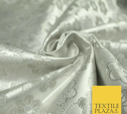 Silver Floral Pansy Vine Satin Metallic Brocade Dress Fabric Fancy 45" 6006