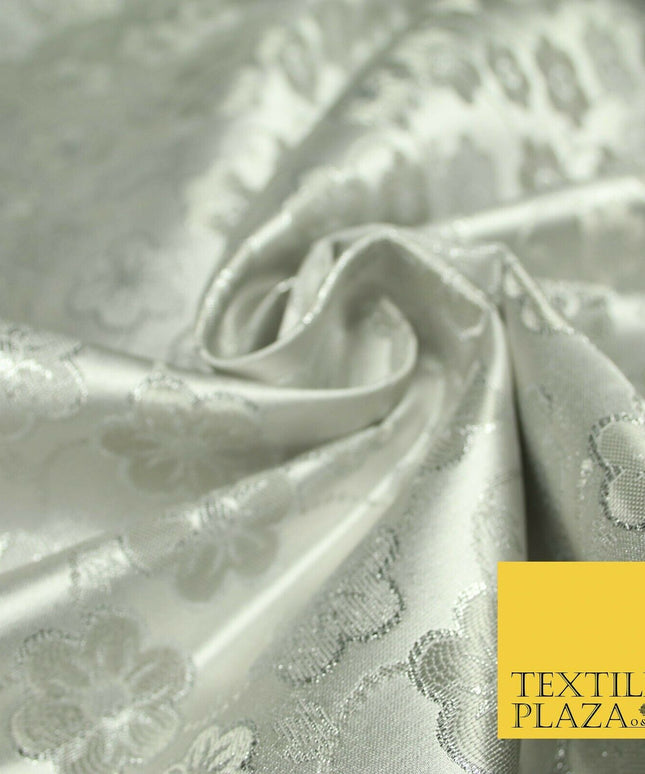 Silver Floral Pansy Vine Satin Metallic Brocade Dress Fabric Fancy 45" 6006