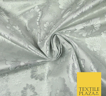 Silver Ornate Floral Scroll Satin Metallic Brocade Dress Fabric Fancy 58" 6003